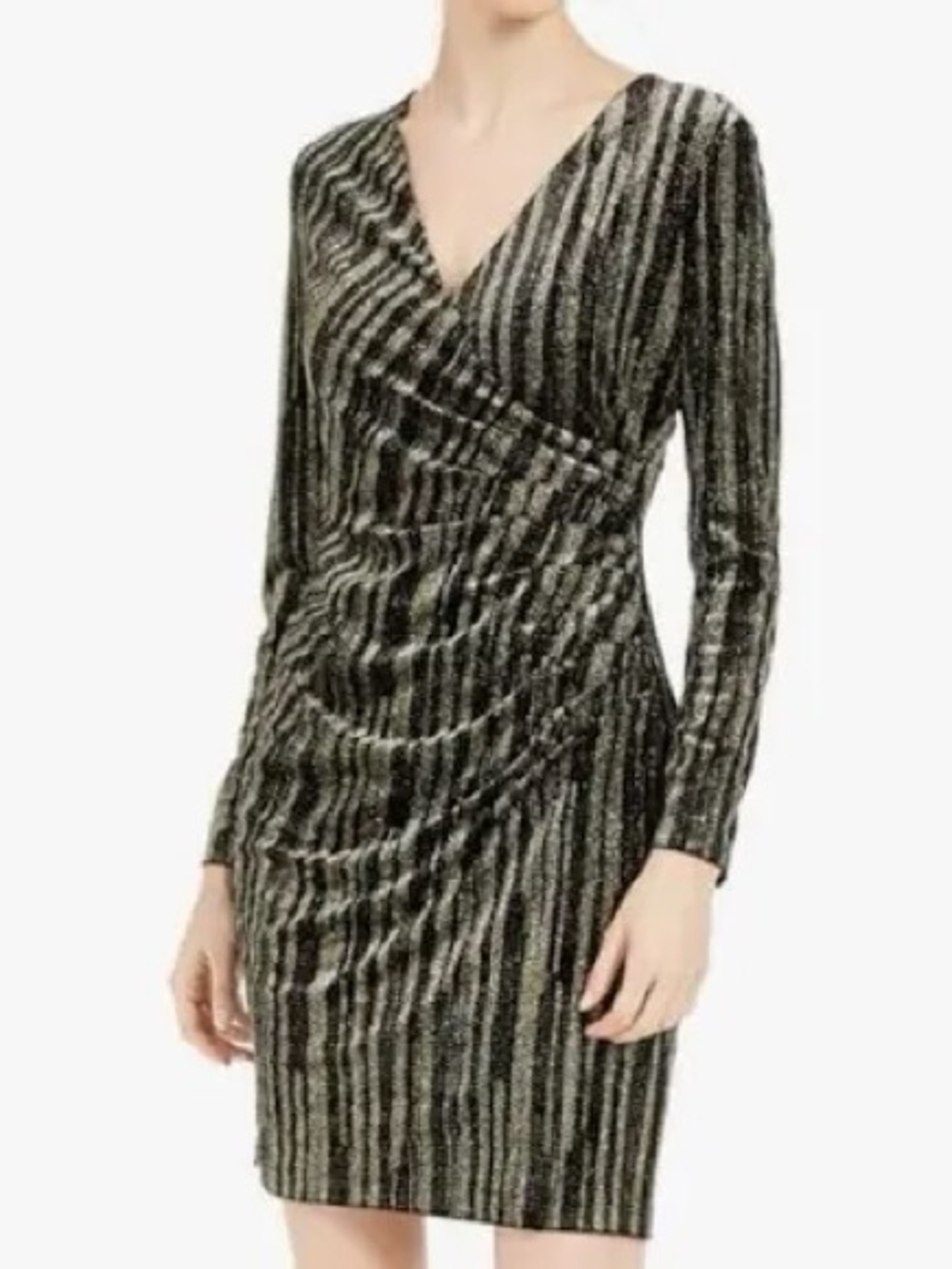 Calvin Klein Velvet Black & Gold Glitter Ruched Wrap Dress 4P NEW